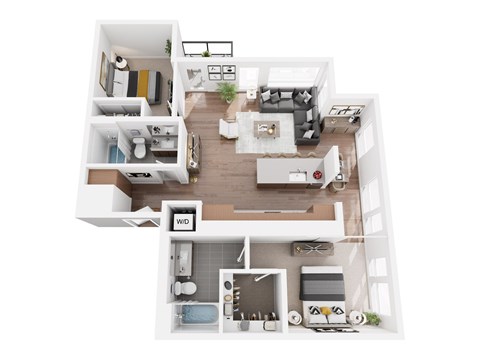 Floor plan for 2 beds, 2 baths, 1019 sqft